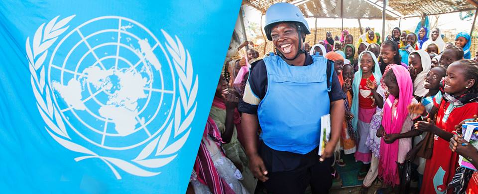 UN Agencies, flag and female peacekeeper