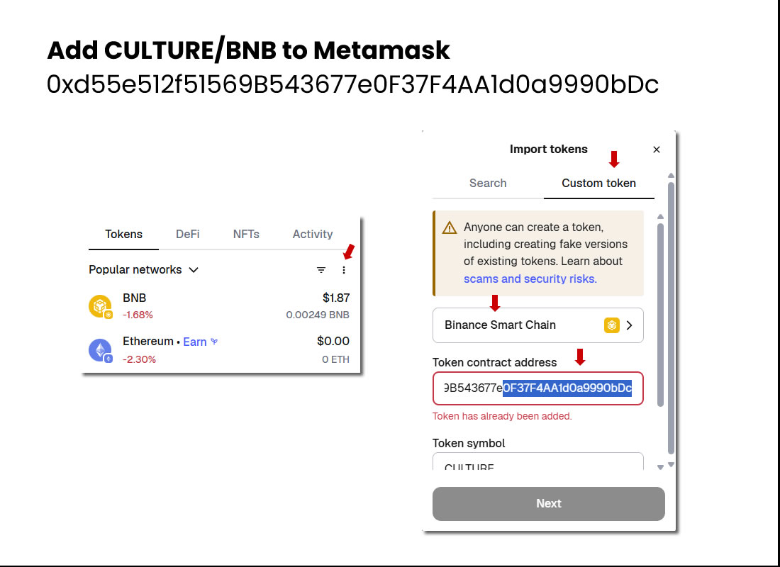 Add CULTURE/BNB to Metamask