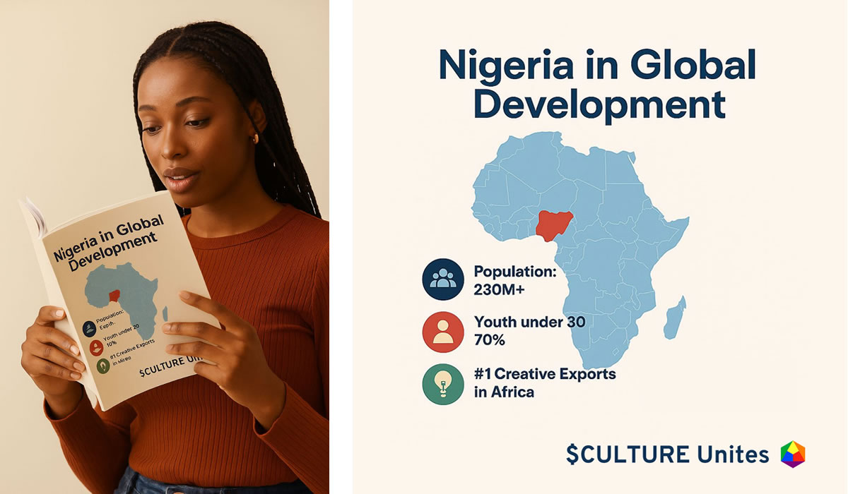 Nigeria Export Creative Industries, woman reading book, map africa