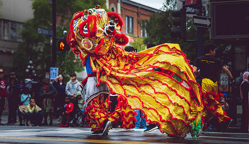 Culture, Victoria, BC, Canada. Persons Wearing Foo Dog Costume
