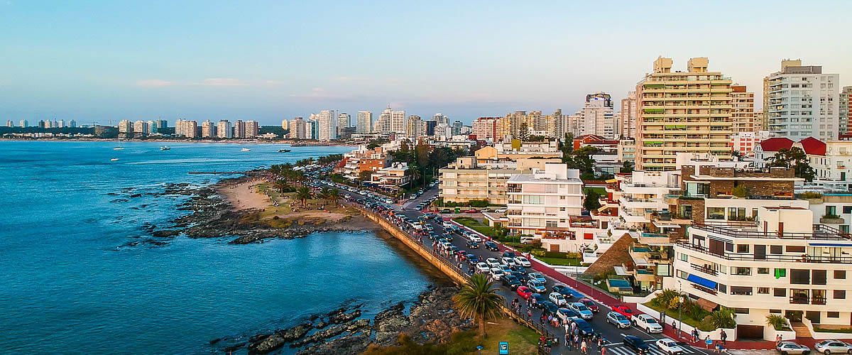 Uruguay Global Development, coastal landscape of Punta del Este, captured in an aerial view at sunset