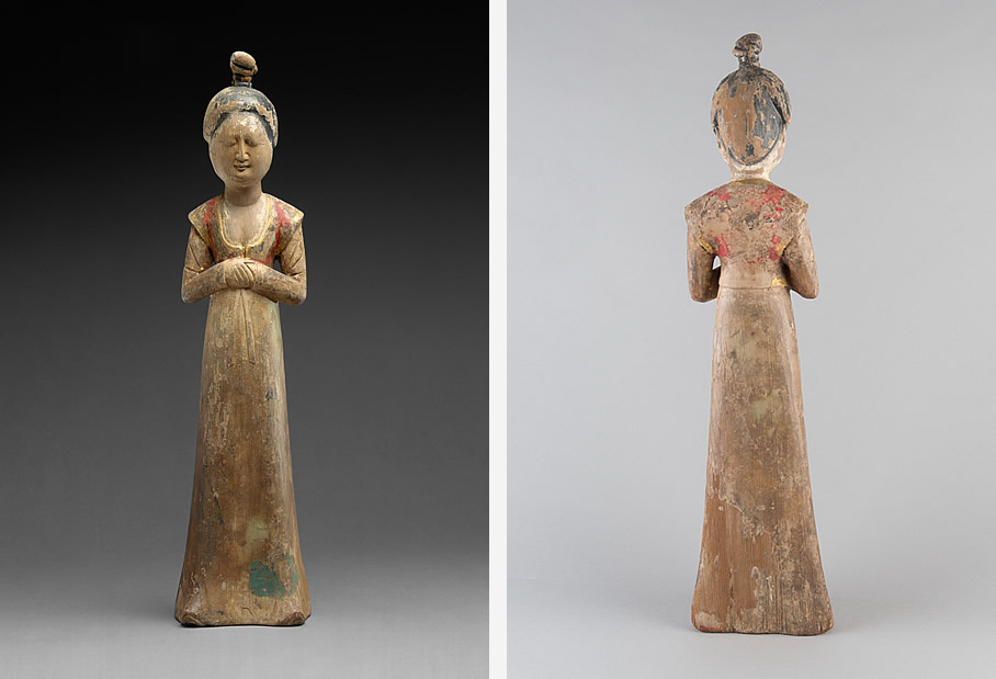 Fashion Tang Dynasty, Social segregation clothing-colours, sculpture female tomb figurine of wood, illustrating slavery caste systems