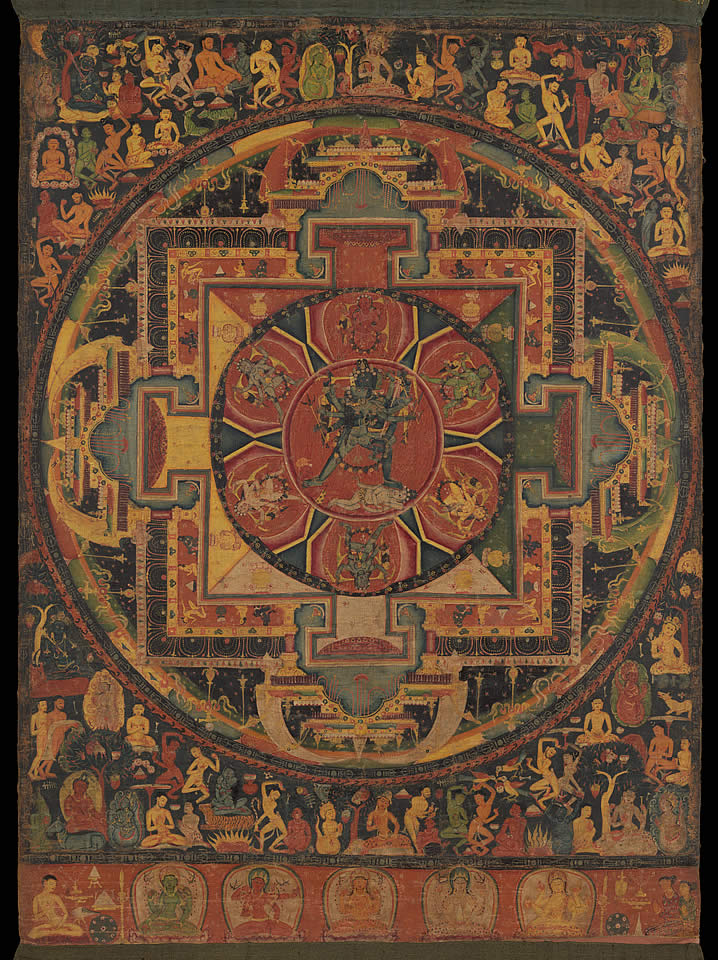 Silk Road in Nepal, Chakrasamvara Mandala, Illuminated Nepalese manuscript page from circa 1100 featuring sacred Buddhist deities rendered in a primary palette of red, yellow, and blue.