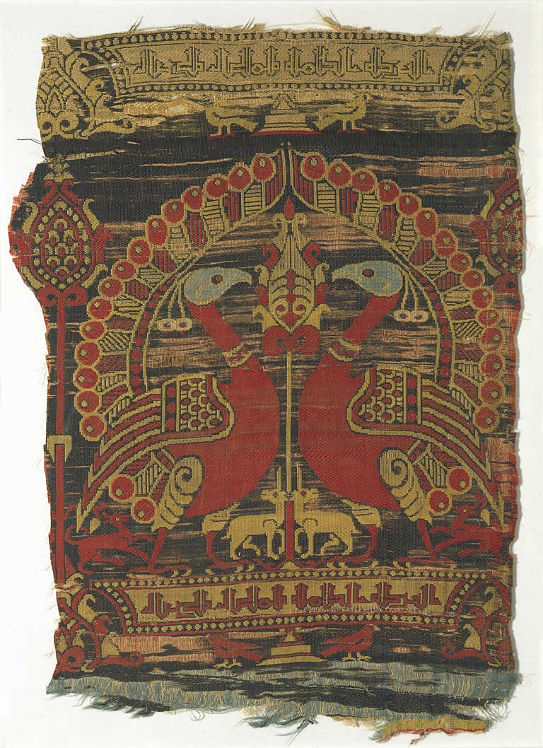 Silk Road in Spain, peacocks, unicorns, palm tree, red yellow blue