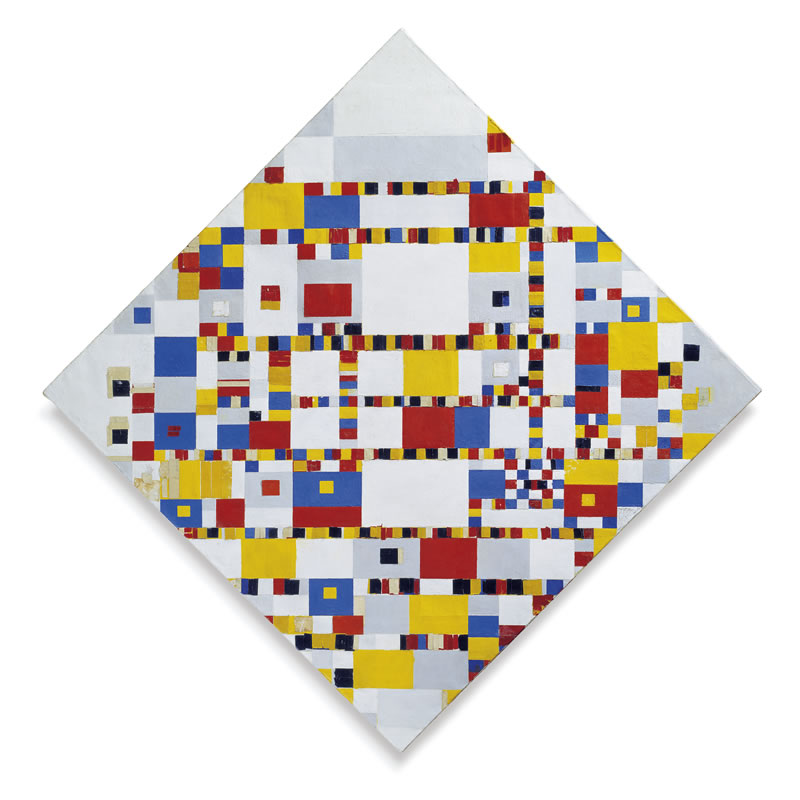 Piet Mondrian's unfinished 1944 diamond-shaped oil painting Victory Boogie Woogie, featuring a dynamic grid of primary red, yellow, and blue squares.