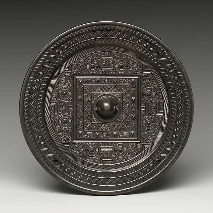 China Silk Road mirrors, Mirror with Game Board Design and Animals of the Four Directions, Han dynasty bronze TLV mirror, 1st–2nd century, from The Metropolitan Museum of Art