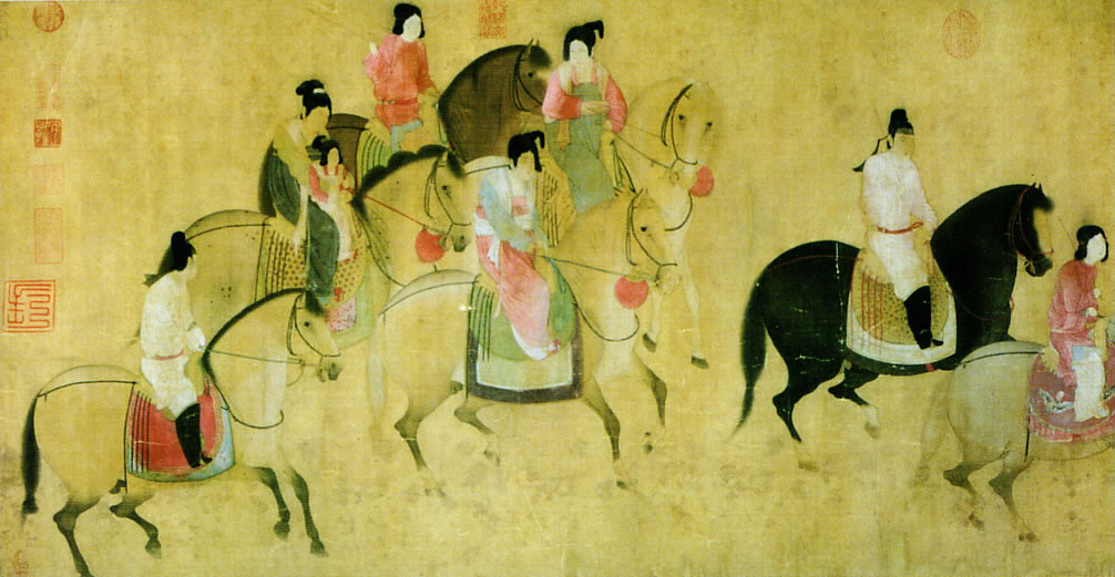 Timeline of the Red Yellow Blue Silk Road, painting Pleasures of the Tang court Date Tang Dynasty, 8th century, Author Zhang Xuan
